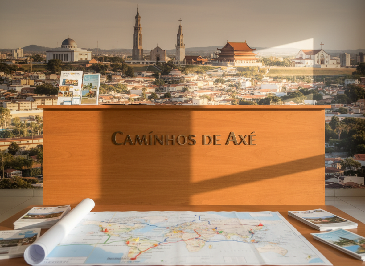 A polished wooden information desk displaying the logo “Caminhos de Axé” engraved in bronze, set against a large panoramic photographic mural of Foz do Iguaçu’s skyline with various religious temples and sanctuaries on the horizon. The desk is surrounded by neatly arranged brochures and an open map highlighting religious routes. Warm, diffused daylight enters from unseen windows, creating soft reflections on the wood and metal. The mood is professional and welcoming, suggesting organized religious tourism. Photographic realism, eye-level composition with sharp focus throughout, clean and modern aesthetic suitable for a homepage hero image, conveying strategy, structure, and opportunity in religious tourism.