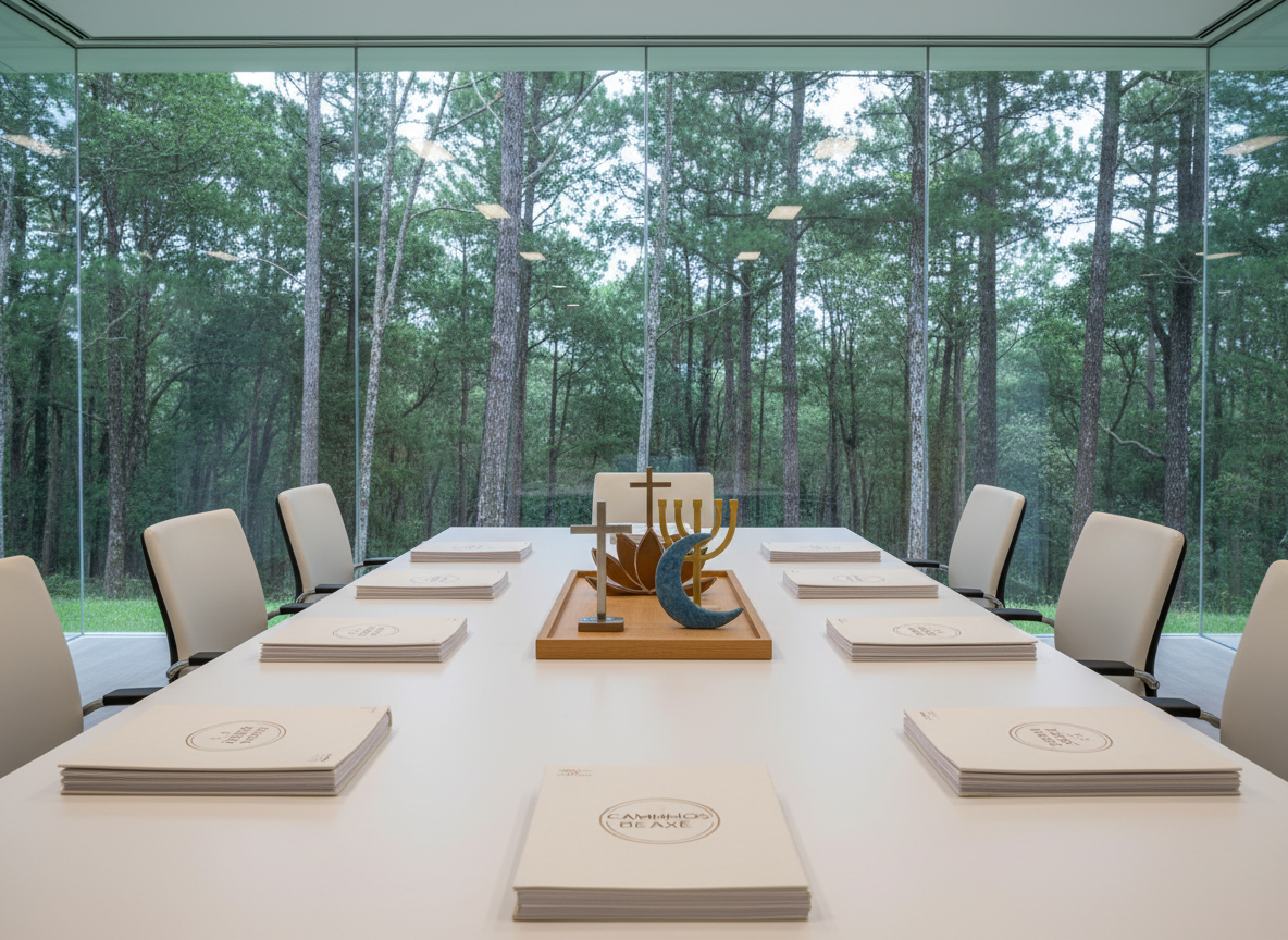 A modern meeting room at ParqueTec represented without people: a long, matte white conference table with neatly arranged folders stamped with the Caminhos de Axé logo, a central wooden tray holding symbolic objects from multiple faiths such as a small cross, a lotus, a menorah outline, and a crescent moon, all stylized and respectful. Through large glass walls, lush green trees are visible, reinforcing sustainability. Soft, even daylight fills the room, with gentle reflections on the glass. Photographic realism, eye-level perspective, symmetrical framing emphasizing organization and cooperation. The mood is formal yet optimistic, highlighting interfaith dialogue and strategic planning for local development.