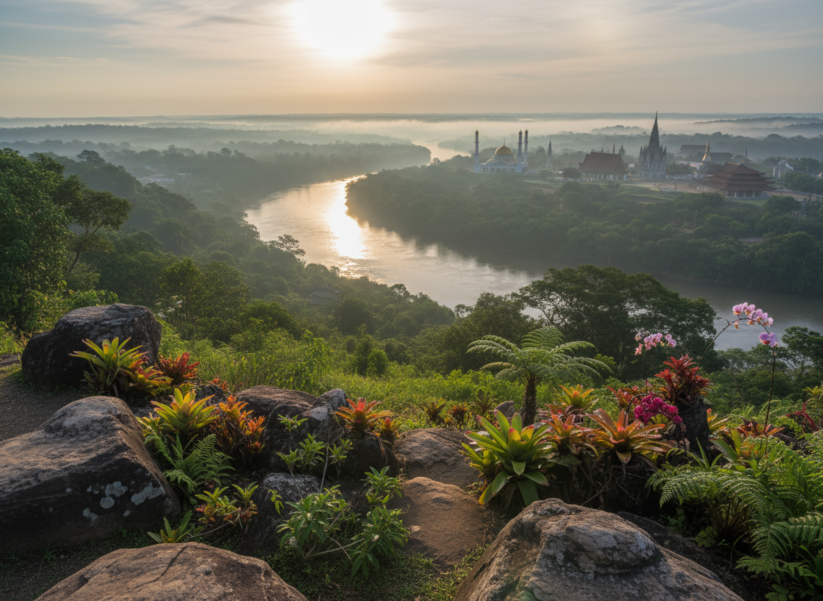 A serene outdoor overlook of Foz do Iguaçu at dawn, captured from a high vantage point, with mist rising gently from the landscape and subtle silhouettes of various religious architectures in the middle distance, including domes, steeples, and temple roofs. The Iguazu River winds through the scene, shimmering in soft, golden morning light. Foreground elements include natural stone and native plants, symbolizing sustainability and environmental respect. Photographic realism, wide-angle lens, rule-of-thirds composition with the river leading the eye through the image. The atmosphere is peaceful, hopeful, and visionary, suggesting religious tourism as a path for balanced economic and social development.