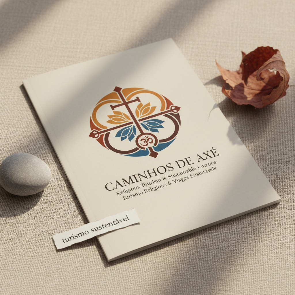 A close-up of a beautifully designed bilingual brochure for Caminhos de Axé placed on a textured linen surface. The cover features an abstract, harmonious symbol combining shapes inspired by Afro-Brazilian, Christian, and Eastern spiritual iconography, in rich earth tones and deep blues. Around the brochure lie small natural elements: a polished river stone, a dried leaf, and a strip of recycled paper labeled “turismo sustentável.” Soft side lighting from a nearby window creates gentle shadows and emphasizes paper texture and print quality. Photographic realism, shallow depth of field focusing sharply on the logo and title, with a calm, refined, professional atmosphere aimed at investors and partners in religious tourism.
