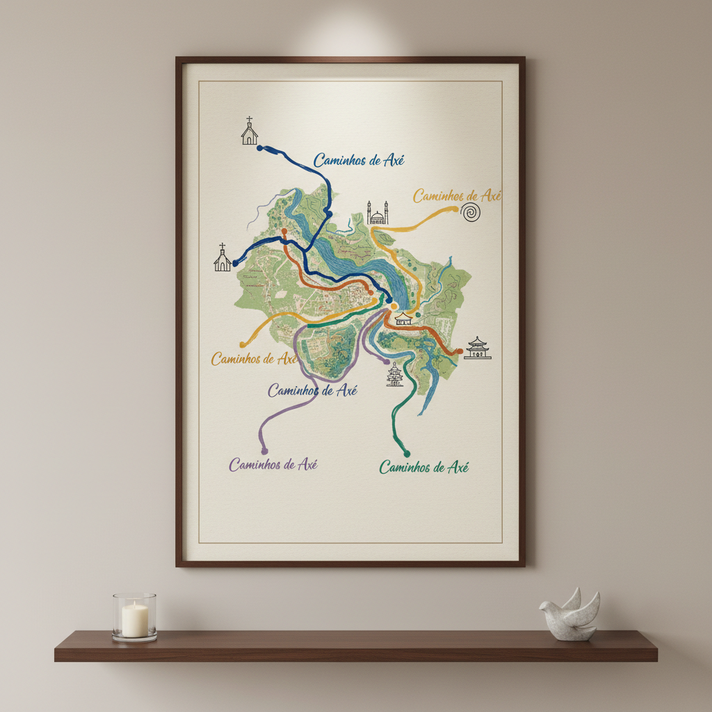 An elegant, large wall map of Foz do Iguaçu printed on textured, matte paper, with colorful, clearly marked religious routes labeled “Caminhos de Axé.” Tiny illustrated icons represent churches, temples, mosques, and spiritual centers. The map is mounted in a slim, dark wooden frame on a neutral-toned wall above a minimalist console with a single candle and a small carved stone symbol of peace. Soft studio lighting from above gently illuminates the map, creating subtle shadows at the edges. Photographic realism, straight-on shot, balanced composition, calm and strategic atmosphere emphasizing planning, connectivity, and cultural diversity in religious tourism.