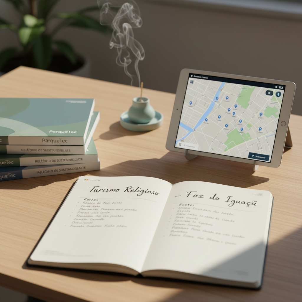 A close-up of a meticulously arranged desk workspace for religious tourism planning: an open notebook with handwritten route ideas titled “Turismo Religioso – Foz do Iguaçu,” a tablet displaying an interactive map of spiritual sites, and a stack of neatly bound sustainability reports from ParqueTec. The desk surface is smooth light oak, with a small, understated ceramic incense holder releasing a delicate wisp of smoke. Natural afternoon light from the left casts gentle shadows, adding depth and professionalism. Photographic realism, slightly elevated angle, shallow depth of field with focus on the notebook title, creating an organized, strategic, and contemplative mood aligned with sustainable development goals.