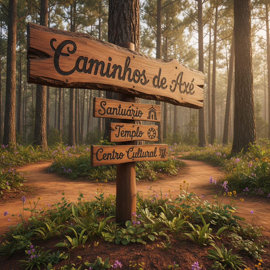 A detailed close-up of an artisanal wooden signpost labeled “Caminhos de Axé” at a trail junction, its letters carved deeply and filled with dark pigment. Smaller directional boards beneath point toward “Santuário,” “Templo,” and “Centro Cultural,” in Portuguese, each with a small, neutral icon. The post is set in rich, reddish-brown soil, surrounded by native greenery and small wildflowers. Late afternoon sunlight filters through nearby trees, casting dappled patterns across the sign and ground. Photographic realism, slightly low angle, moderate depth of field keeping both sign and immediate surroundings sharp. The mood is inviting and exploratory, conveying guidance, respect for nature, and structured religious tourism itineraries.